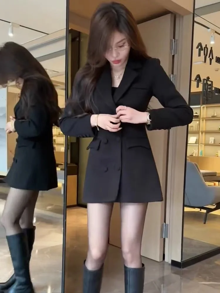 Fashionable Korean Style Long Sleeve V-Neck Women's Dress Double Button Suit Dress Stylish Trendy Pure Color Spring Autumn Ne...
