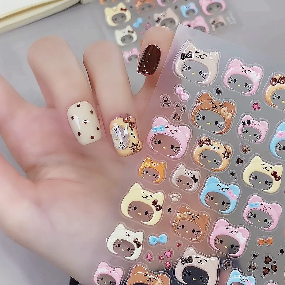 Neue 5D Hello Kitty Katze Ohr Design Hut Nagel Aufkleber Kawaii Grau Rosa Leopardenmuster Schleife Kapuzenhut Drücken Sie auf Nagelspitze Aufkleber ﻿ ﻿ ﻿ ﻿ ﻿ ﻿