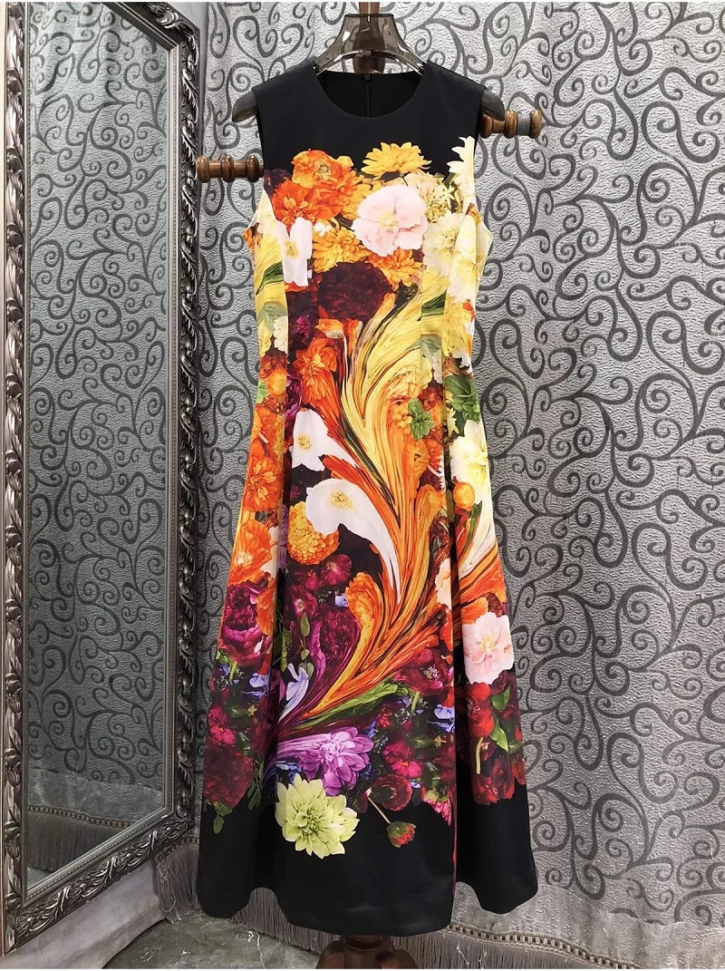 

100%Cotton Long Dress 2024 Summer Evening Party Women Colorful Oil Painting Floral Patterns Sleeveless Long Black Dress Vintage