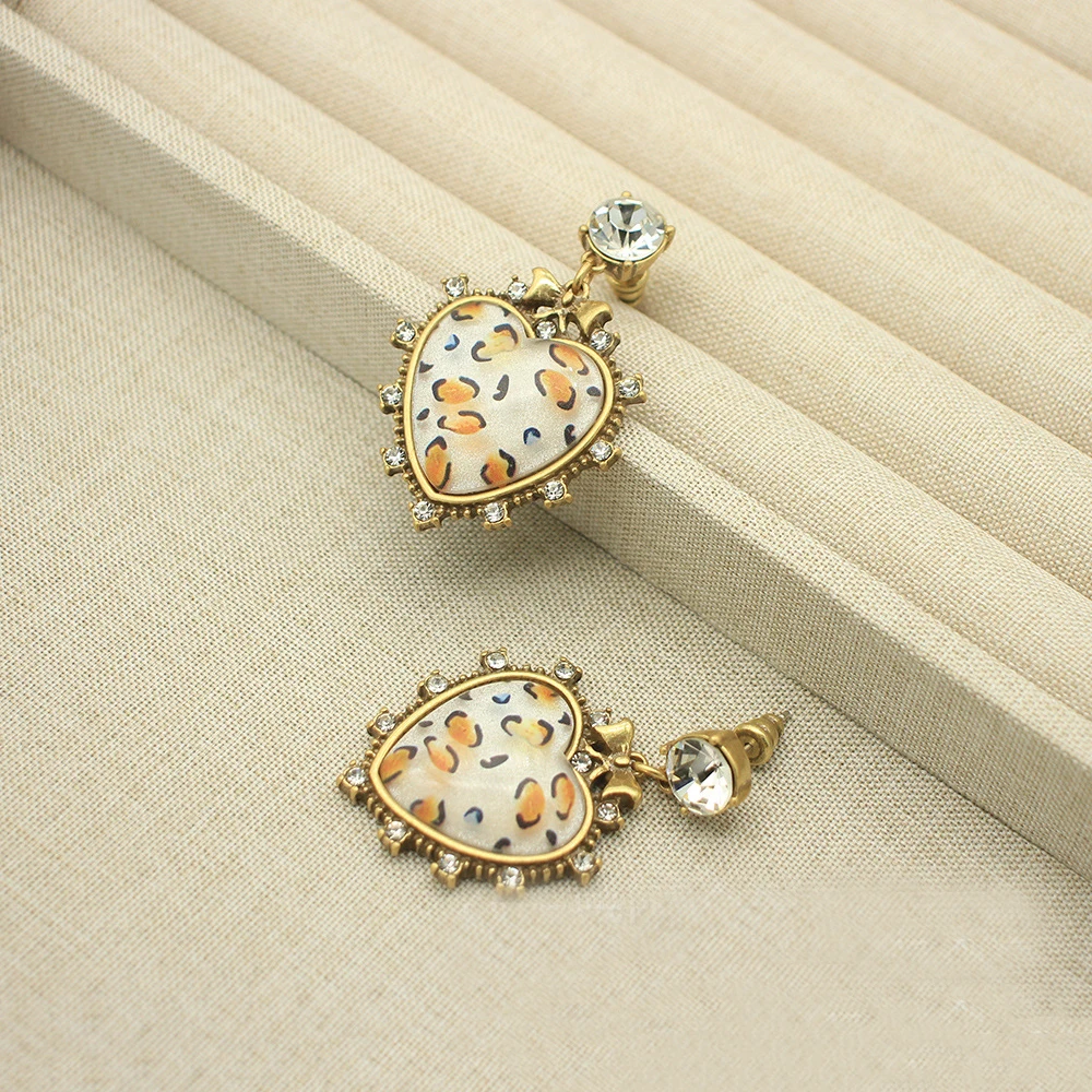 Spring summer new leopard print love earring white jelly glazed retro gorgeous stud eardrop