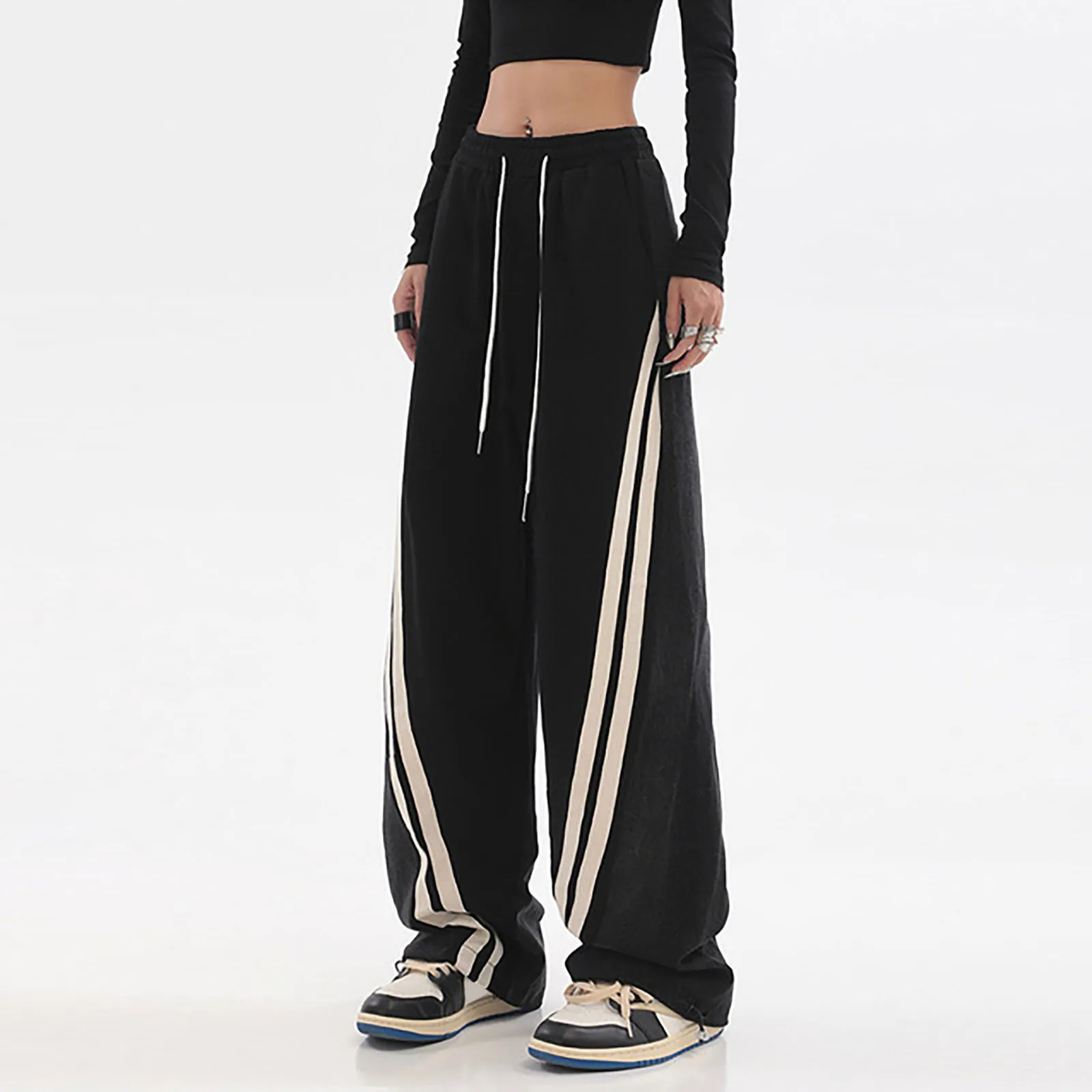 

Streetwear Women Striped Y2k Sweatpants Vintage Lace Up Heart Wide Leg Pants Grey High Waist Korean Female Casual Trousers