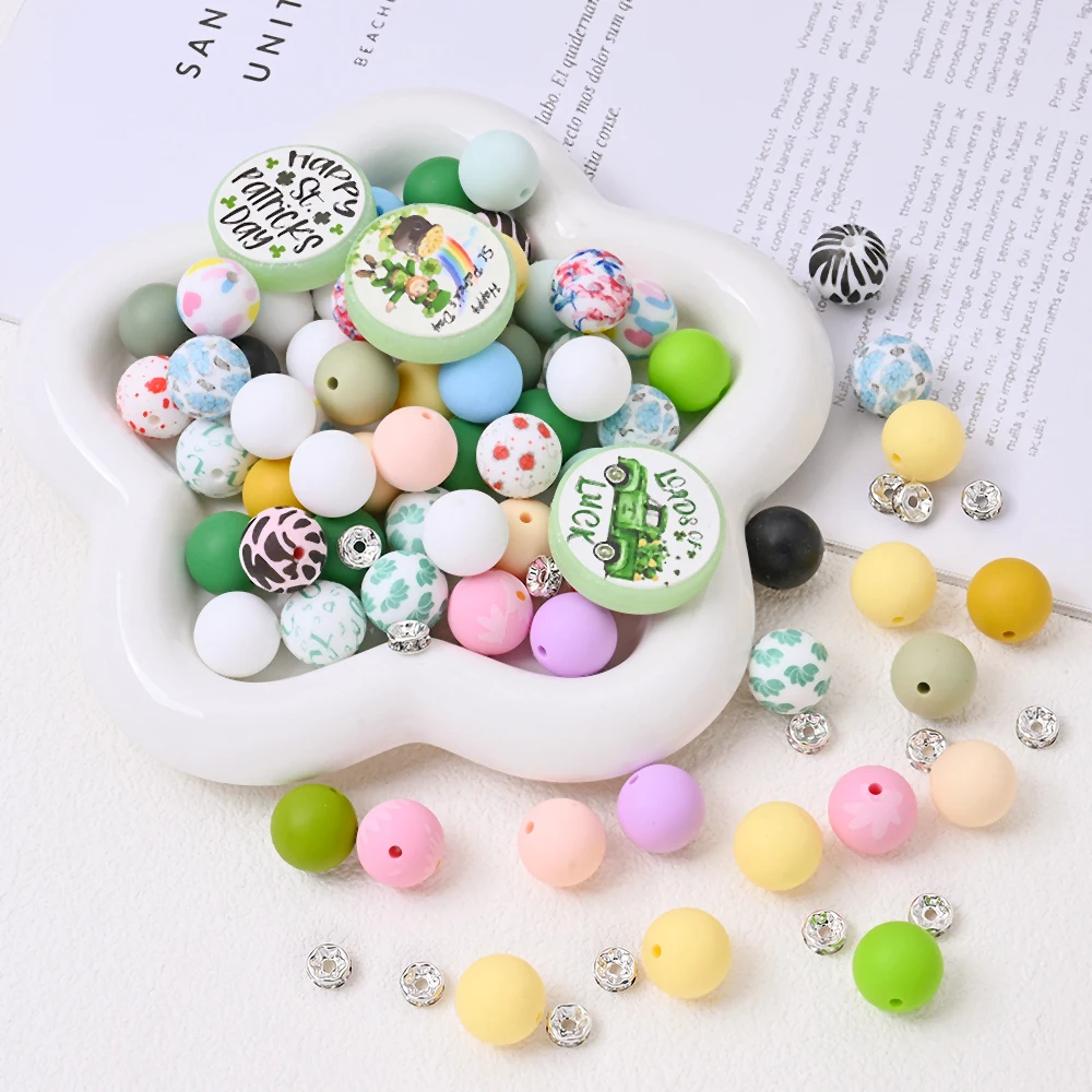 15Pcs St. Patrick's Park Series Silicone Bead Set, for DIY Handmade Crafts Such As Keychains Necklaces Bracelets Pacifier Chian