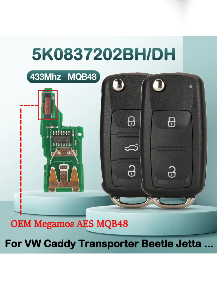 jingyuqin 5K0837202BH/DH MQB48 433MHZ 2/3-przyciskowy pilot zdalnego sterowania do samochodów VW Caddy Transporter Beetle Jetta Sharan Scirocco Polo Tiguan — 2