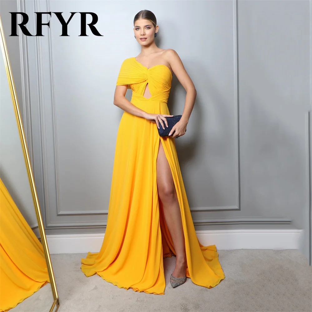 

RFYR Simple Yellow فستان سهرة One Shoulder Cut-out Prom Dresses Beach Chiffon Prom Gown Side High Split Formal Evening Dresses