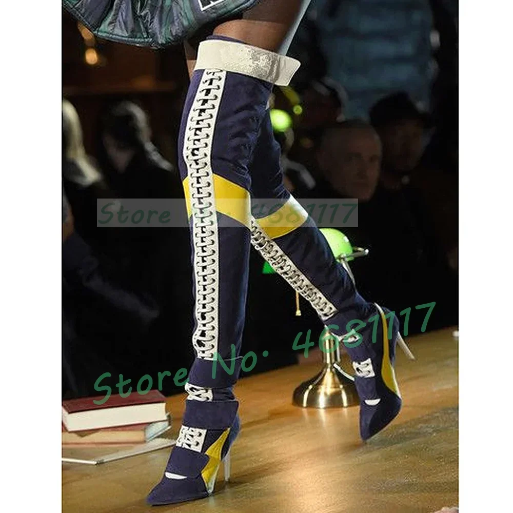 Multicolor Suede Thigh High Boots Women Trendy Front Cross Tied Winter Heels Belt Boots Point Toe Patchwork Catwalk Long Shoes