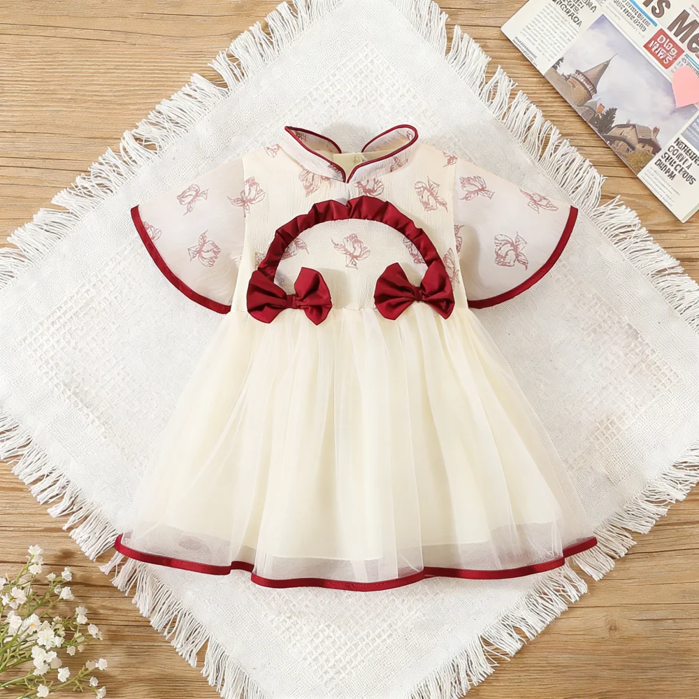 

Платье для маленьких девочек, летние хлопковые сетчатые платья с короткими рукавами и бантом для девочек, милая и повседневная одежда в китайском стиле для маленьких девочек