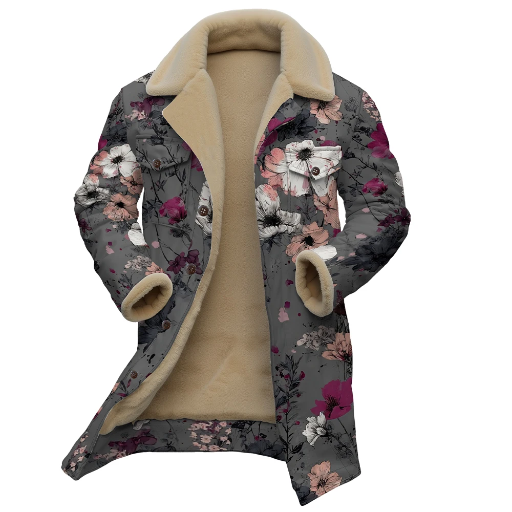 Trendy Floral Print Fleece Collar Jacket Cozy Long Sleeve Flower Button Up Coat with Pockets Fashionable Autumn Winter Outerwear