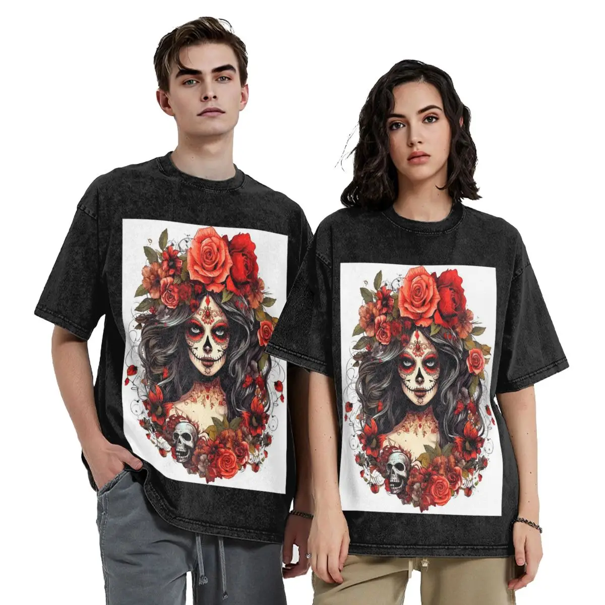 Mexican Catrina Girl Day Of The Dead Sugar Skull Washed T Shirts Cotton Short Sleeve Hip Hop T-Shirt Tops Tees for Men Women