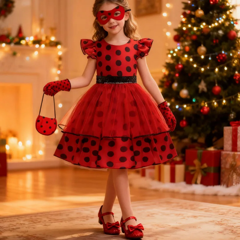 

Christmas Costume For Girls Polka Dot Princess Dress With Earing Eyemask Bag Glove Outfits Cosplay Carnival Costume For Children