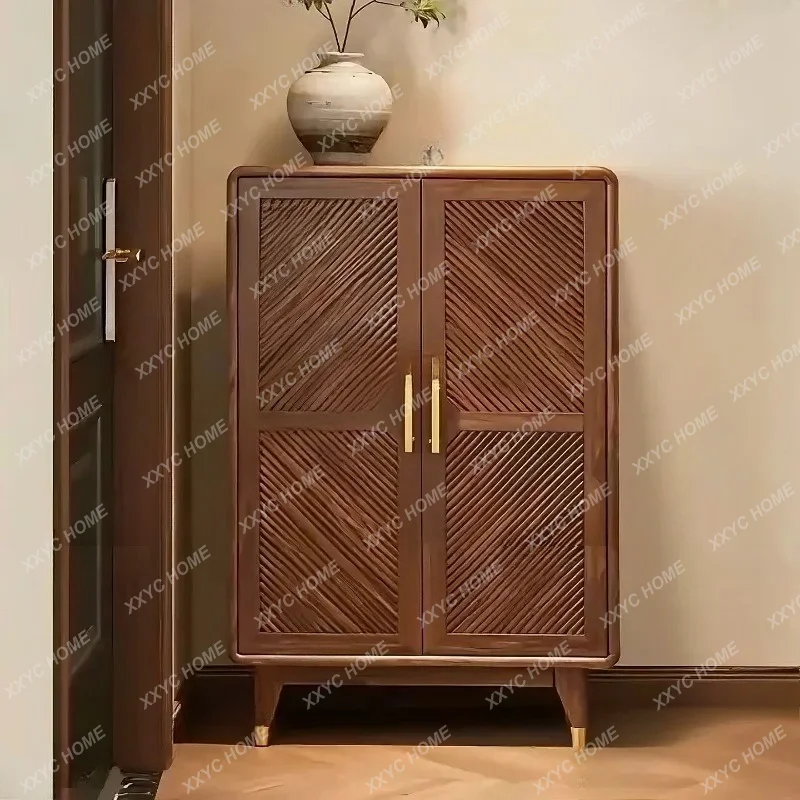 New Chinese-style  black walnut double-door shoe cabinet, minimalist entrance cabinet, solid wood side