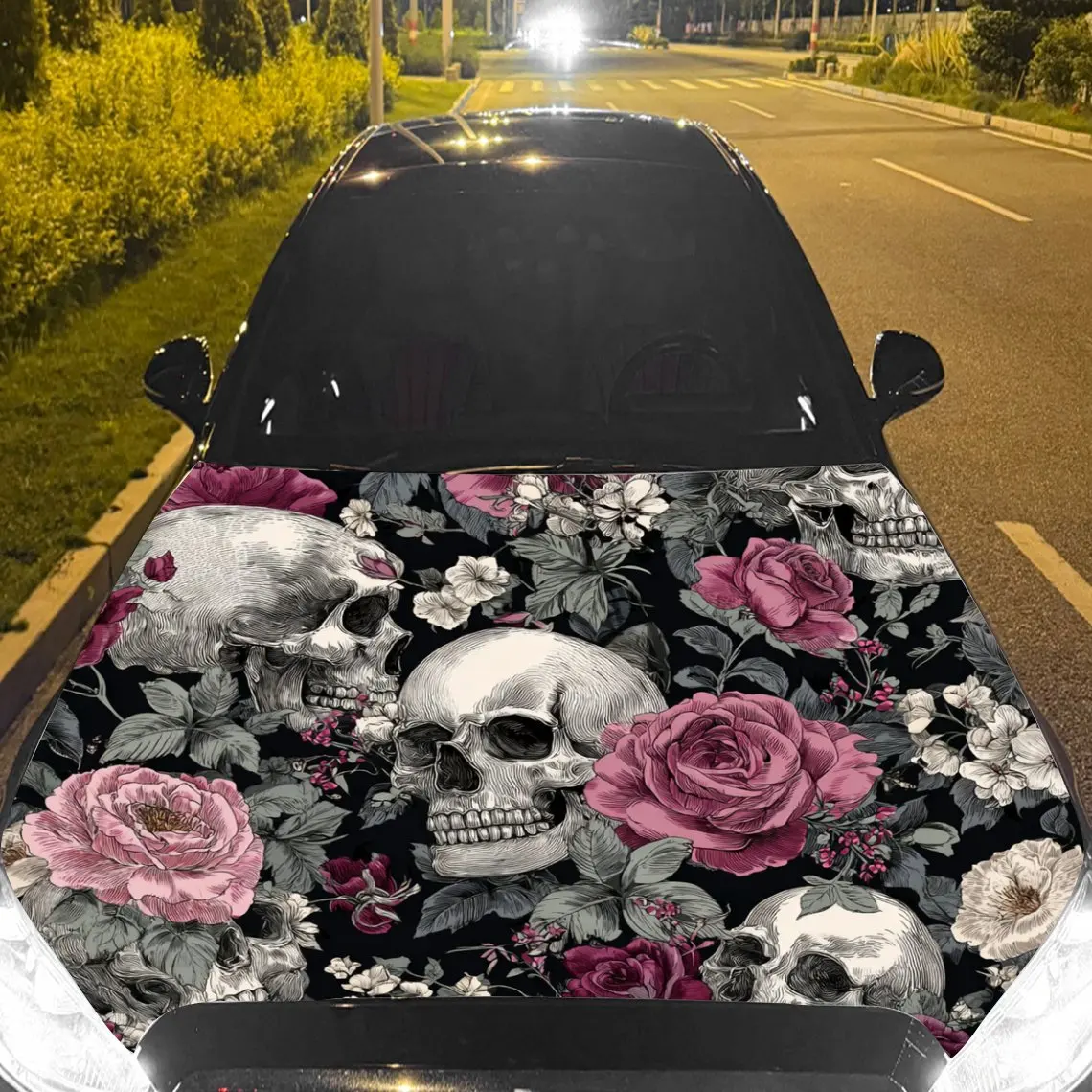 

Виниловая пленка для автомобиля с розовыми цветами и черепами, водонепроницаемая наклейка на капот автомобиля из ПВХ, самоклеящиеся устойчивые к царапинам наклейки для E