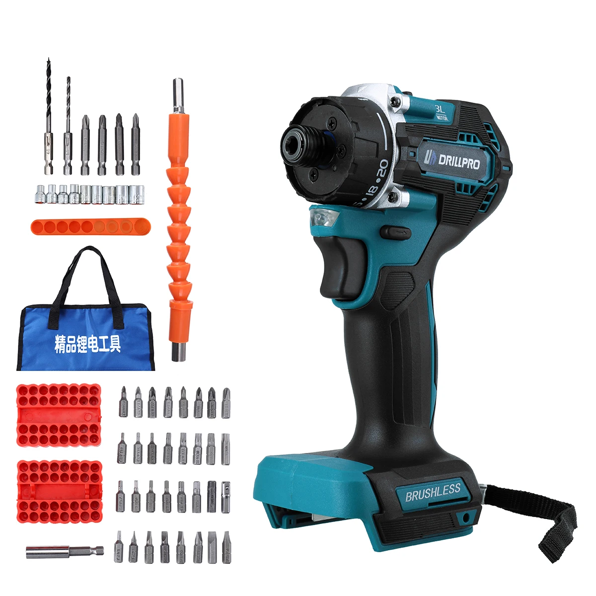 Drillpro 47pcs 1000W Brushless Electric Impact Drill 20+1 Torque 1/4inch Electric Cordless Screwdriver 280N.m Power Tools