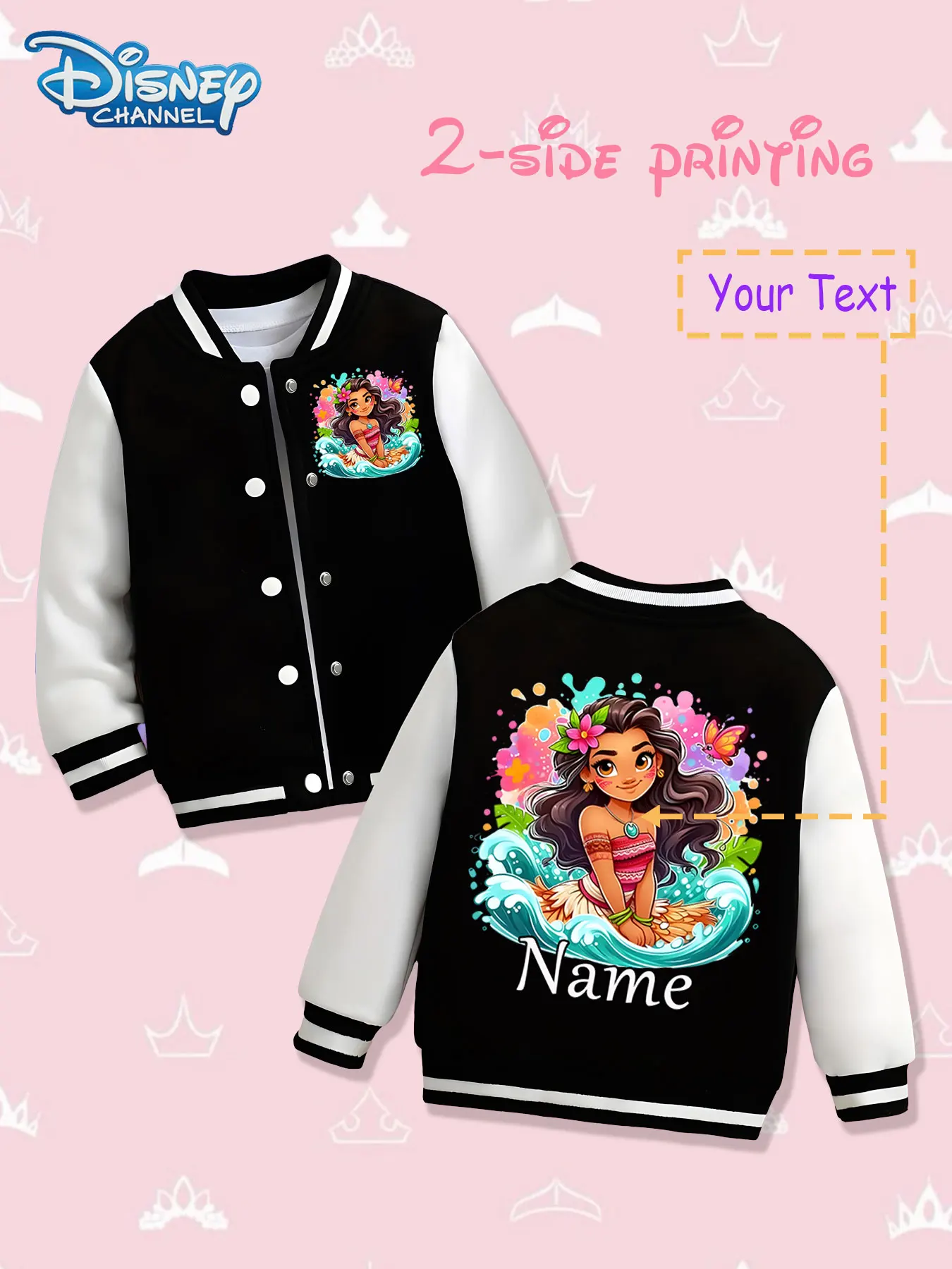 

MINISO Disney Moana Colorful Children's Baseball Jacket - Moana's colorful wave and butterfly shape double-sided print conveys t