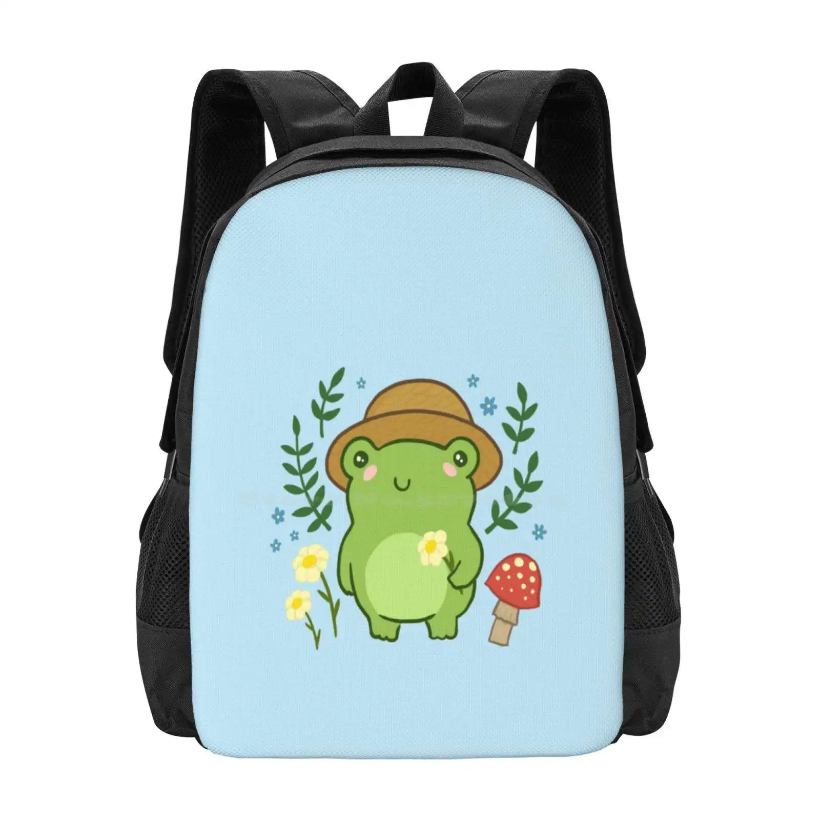 Kawaii Aesthetic Green Frog With Gardener Hat: Funny Cottagecore Froggy, Nature Illustration With Mushroom Flower Blossoms Hot