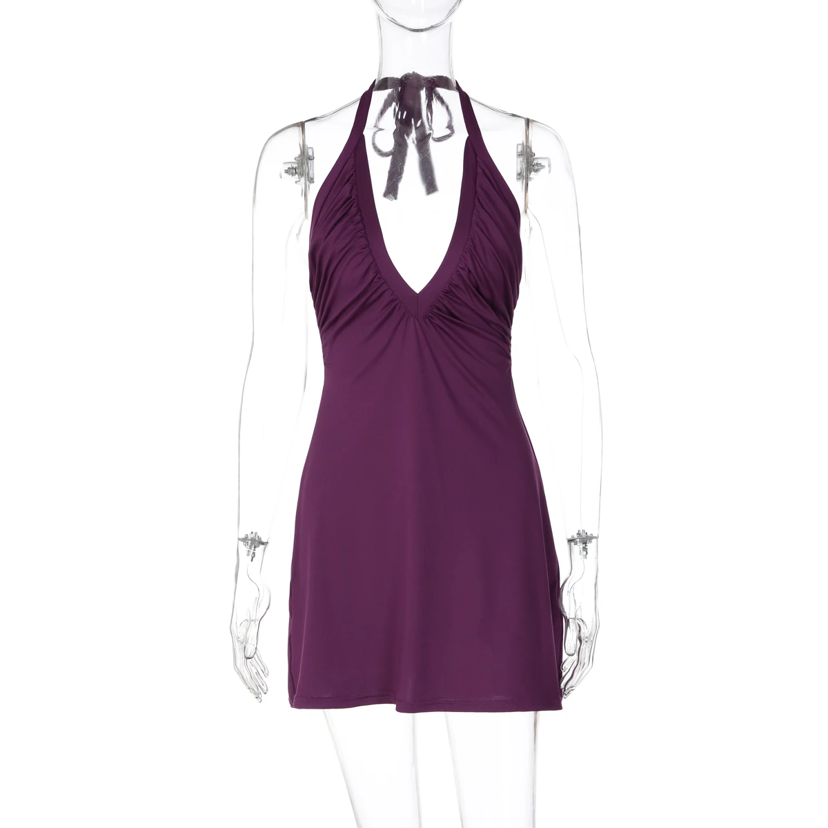 Hugcitar Damenmode V-Ausschnitt Einfarbiges Gerafftes Neckholder-Rückenfreies Schnür-Minikleid Sexy Sommerkleidung für Strand, Urlaub und Club – Detail 2