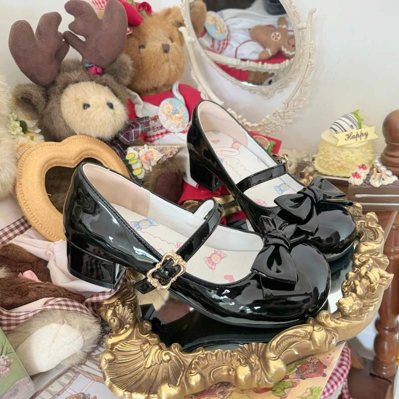 Soft Girl Round Head Cute Bow Lolita Mid Heel 3.5cm Loli Shoes Kawaii Sweet Girls Japanese Jk Style Women Shoes