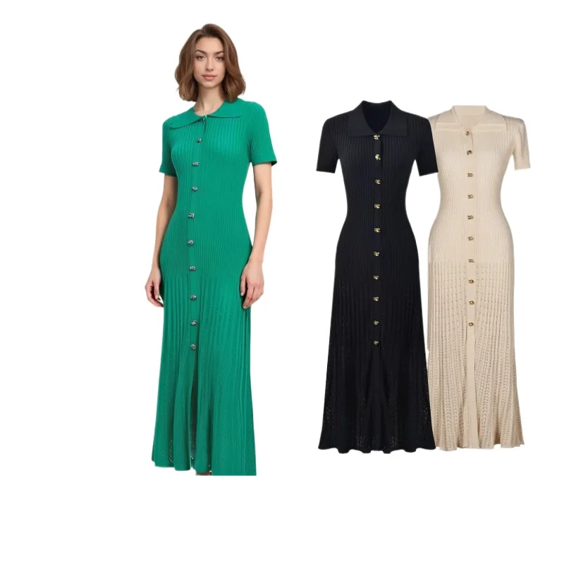 

POLO Collar Knitted Big Swing Ankle Length Dress With Buttons