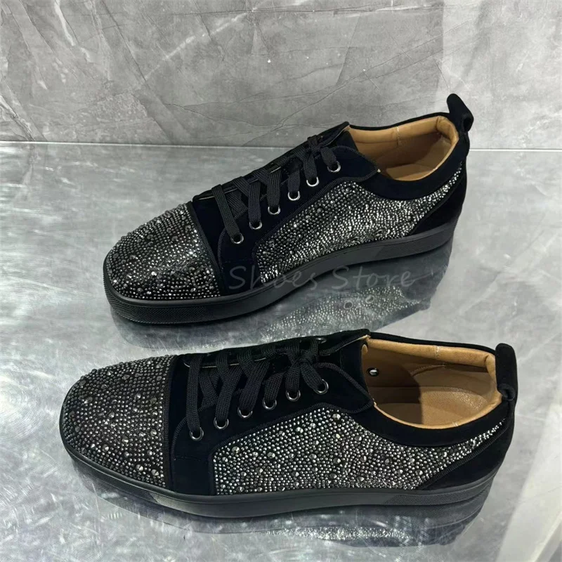 Rhinestone Casual Sports Shoes for Men and Women Black and Silver Lace Up Sneakers Designer Brand Design Shoe Fashion Big Size48