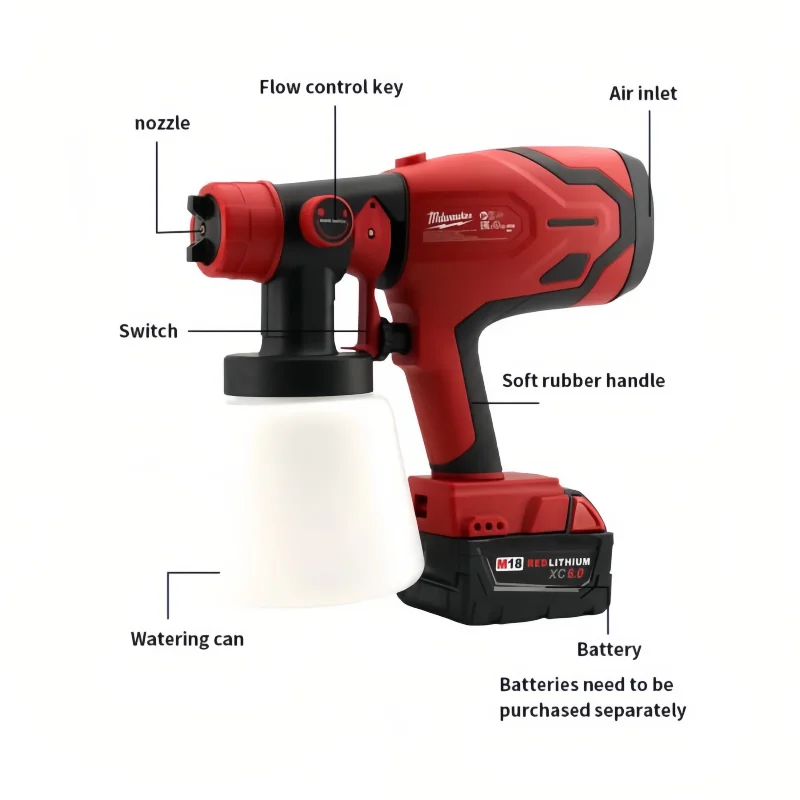 Milwaukee 800ML Tank 39000 RPM Brushless Motor Auto Furniture Wall Car Sprayer 600W Paint Spray Gun For Milwaukee 18V Battery