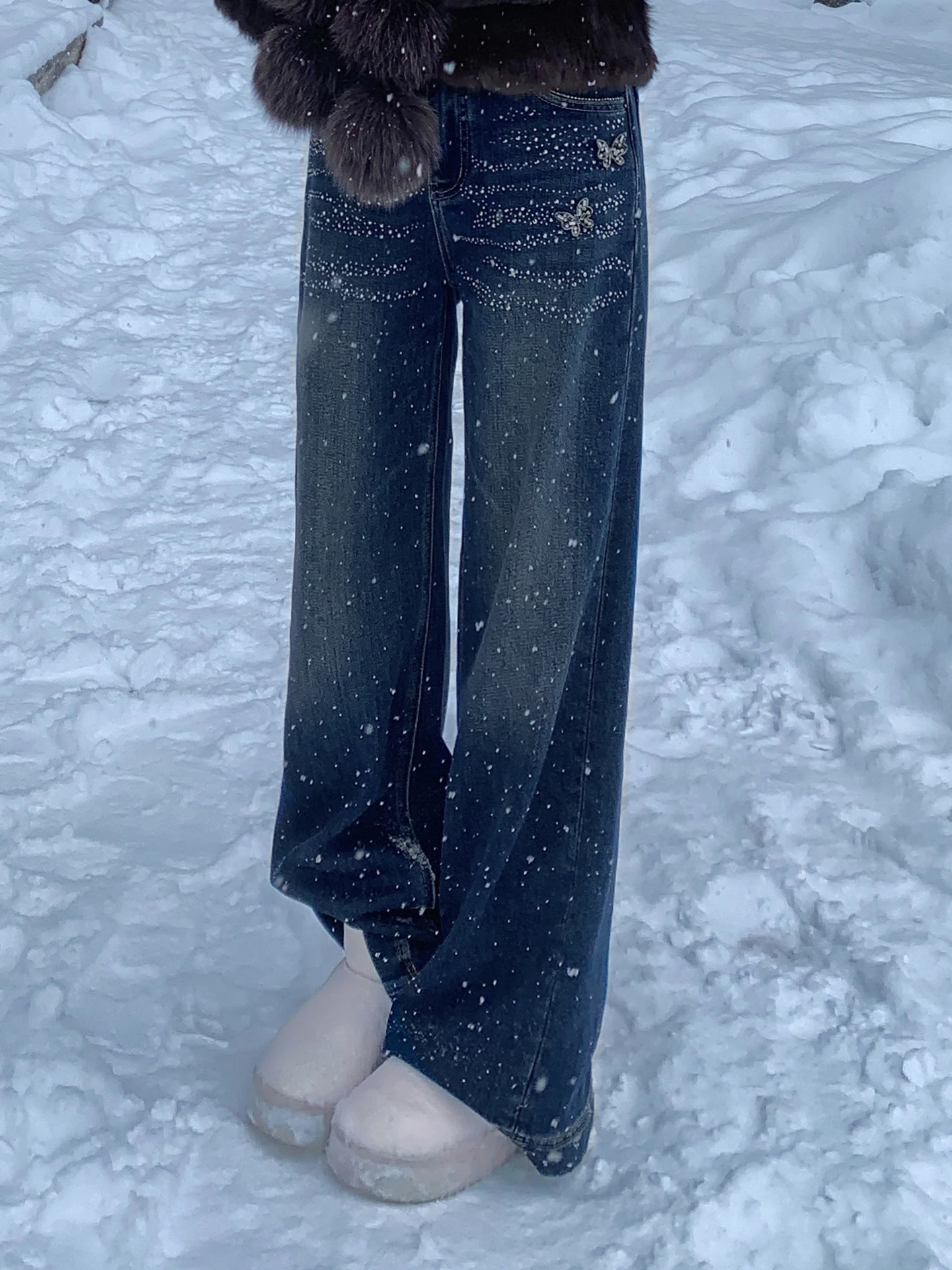 

Женские джинсы Ele с высокой талией, прямые, с блестками, на флисовой подкладке, облегающие, широкие штанины, хлопок, с узором