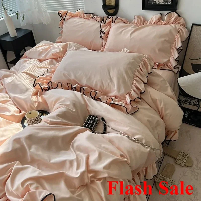 2025 Hot Sale summer ice silk Korean large lace washed silk four-piece set lace mattress cool bed sheet summer bedding