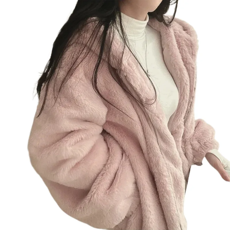 Hooded Plush Thick Section Wool Jacket Women's Fall And Winter Padded Thickened Zipper Warm Short Coat Cute New Fashion