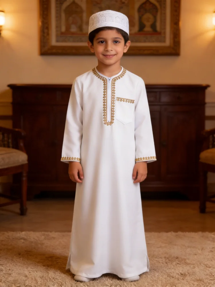 Boys Arabic Thobe White Gold Embroidered Long Sleeve Robe with Kufi Hat Traditional Middle East Dishdasha Kids Elegant Outfit Pe