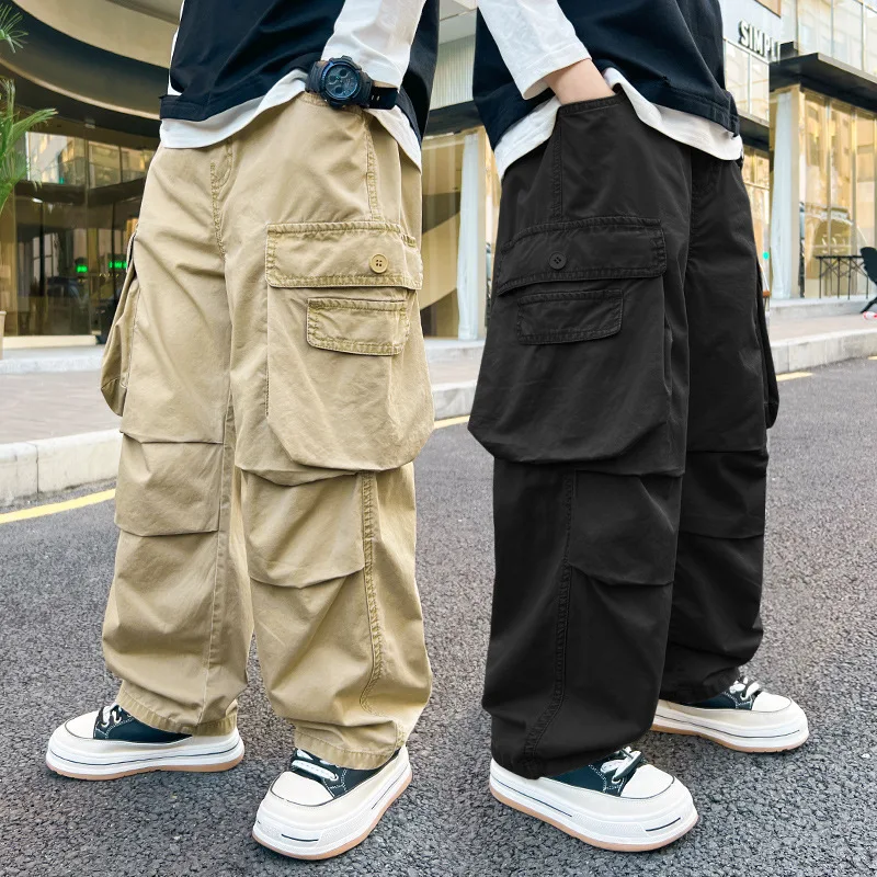 Spring And Autumn New Styles Boys' Large Pocket Work Pants Teenagers Casual Long Pants 5 6 7 8 9 10 11 12 13 14 15 16 Year old