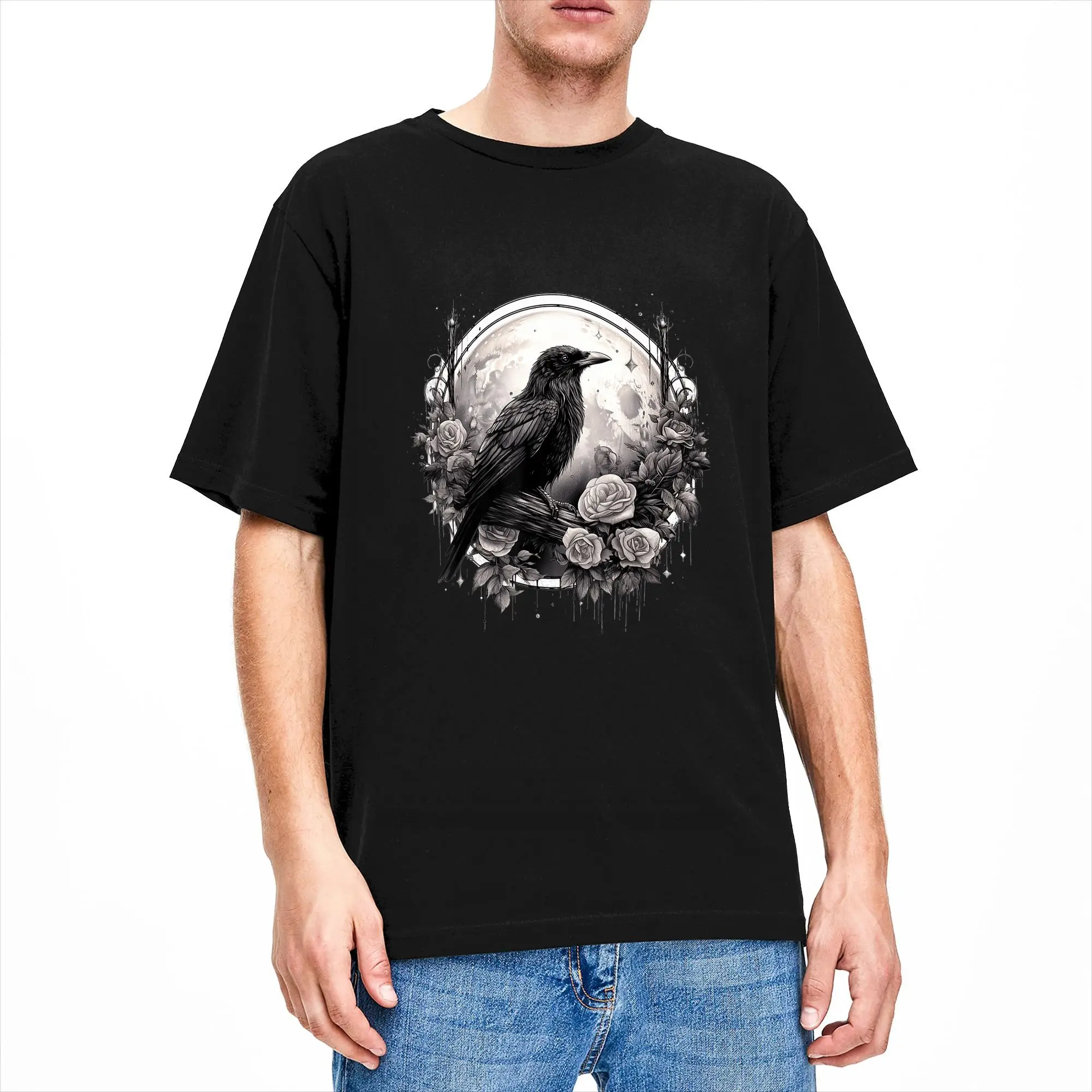 Raven Full Moon Gothic Witchy Crow Roses Men T Shirts  Vintage Tee Shirt Short Sleeve O Neck T-Shirt Cotton Classic Clothes