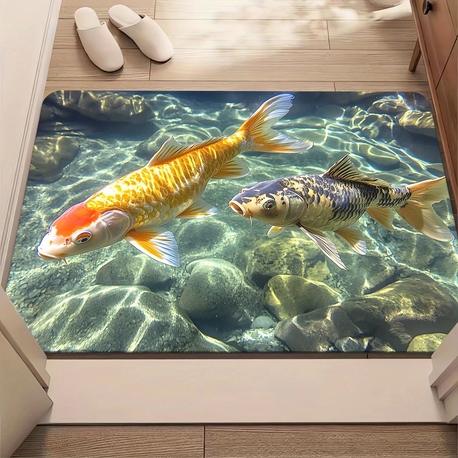 Ultra Realistic Tropical Koi Fish Underwater Doormat Mat for Entryway Decor Home Bathroom Kitchen Waterproof Aquatic Theme Rug M