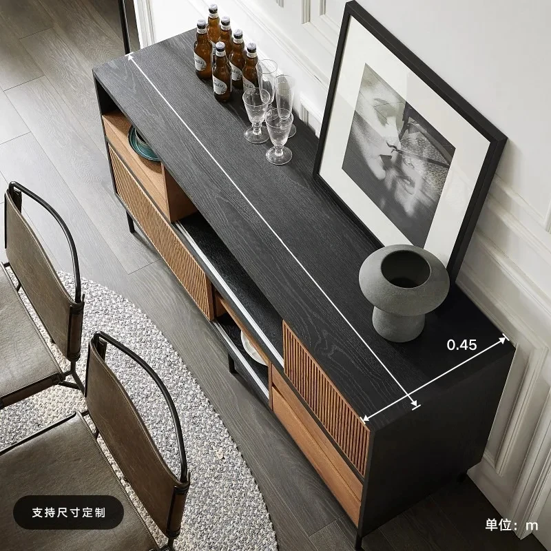 

Nordic Modern Retro Color Matching Teak Color Solid Wood Sideboard Black Oak Tea Cupboard
