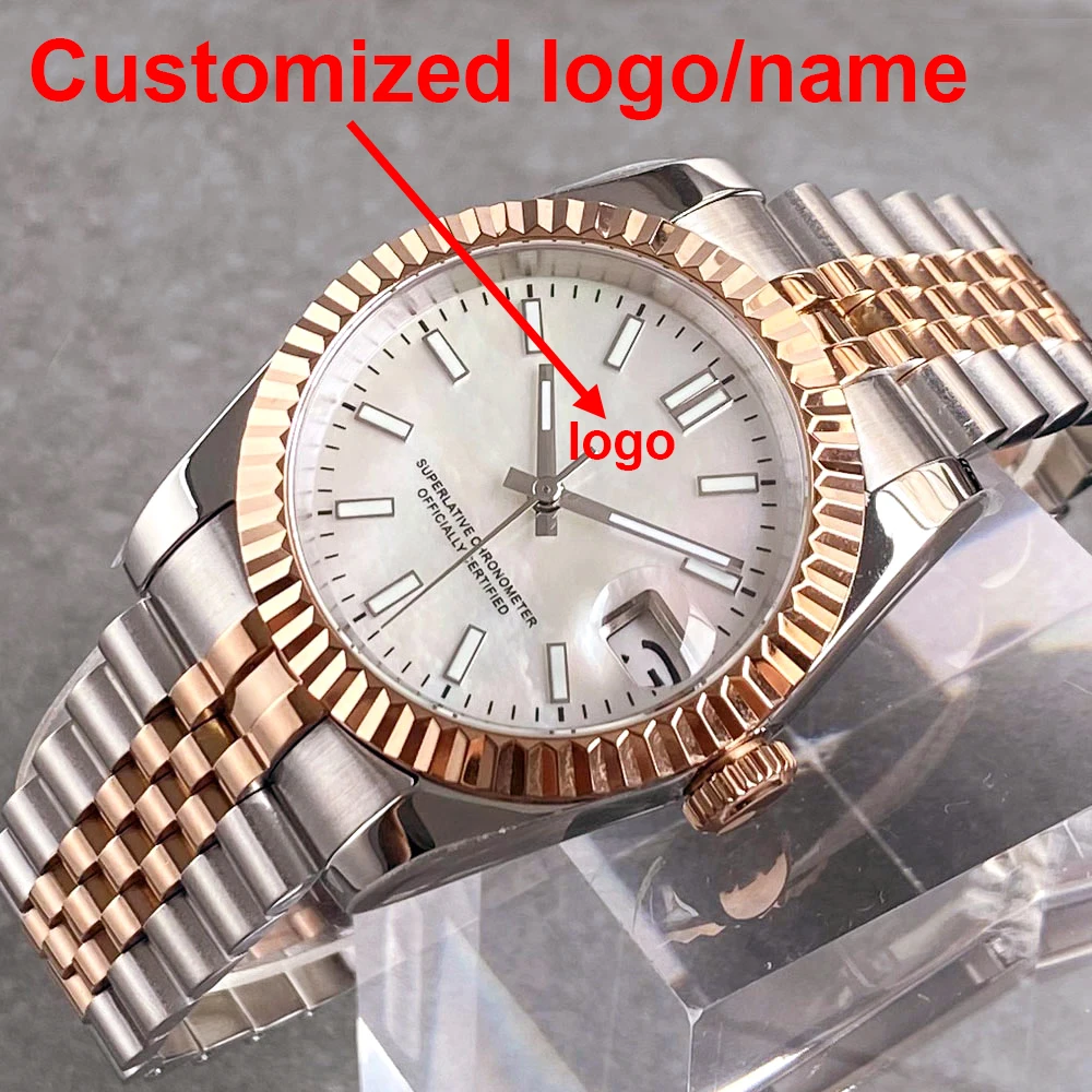 تخصيص اثنين من لهجة ارتفع الذهب حالة DJ MOP أم اللؤلؤ الهاتفي 36/39 مللي متر الياقوت NH35A غواص ساعة الرجال 20ATM التلقائي