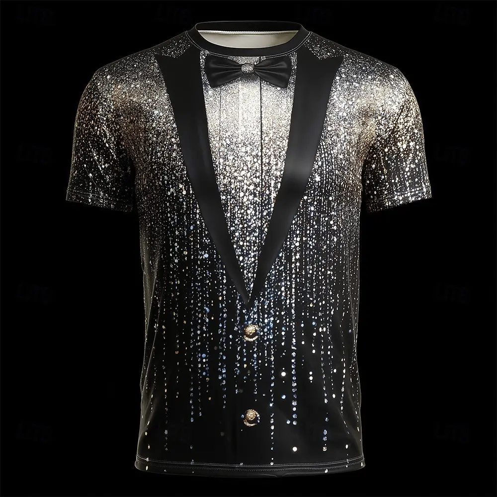 new Christmas Gold Tuxedo 3D T Shirt for Men, Funny Sparkling Suit Style, Holiday Party Outfit for Xmas Gathering or Celebration