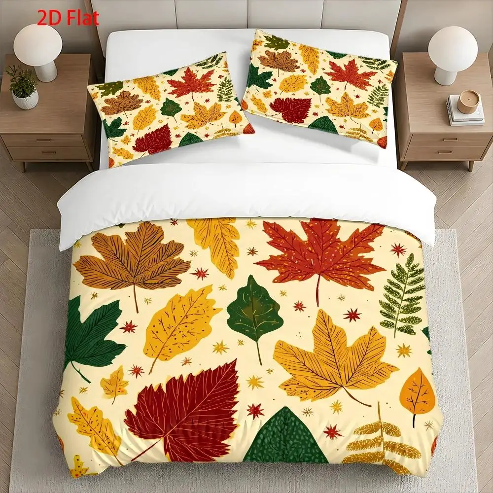 Soft Duvet Cover Set of Three, Printed Duvet Cover Set of Three, Autumn Leaf Theme Pattern, Cartoon Hand-Drawn Style, Thanksgiving and Christmas Decoration, Suitable for All Seasons, Machine Washable, Invisible Zipper, Large Duvet Cover Set, Bedding Set, Quilt Cover