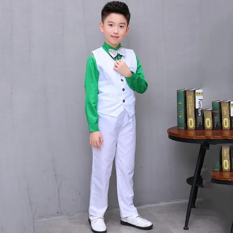 Jazz Dance Costumes Boys Suit Long Sleeve Candy Color Shirt White Vest Pants Kids Hip Hop Clothing Stage Show Wear DNV11593