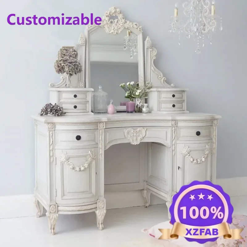Factory Direct 2026 European and American French solid wood carving flower dresser, American dressing table, Mediterranean