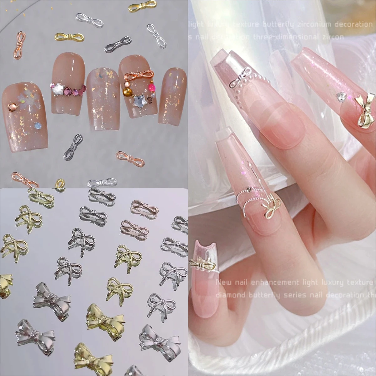 

10 Pcs/pack Gold Silver Rose Gold Alloy Ribbon Bowknot Nail Art Jewelry Decorations Delicate Metal Charms Manicure Accessories