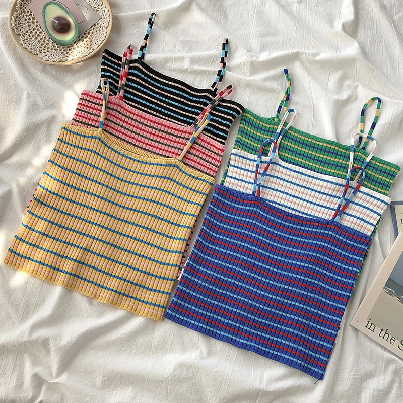 

Rings Diary Women Spaghetti Strap Crop Tops Slim Fit Casual Camisole in Stripe Retro Camis Stripe Skinny Tops For Girl Beachwear