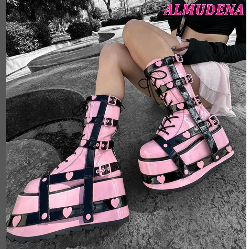 Pink and Black Flat Platform Heart Mid Calf Boots Lace up Round Toe Leather Cute Short Boots Big Size Design Party Lolita Shoes