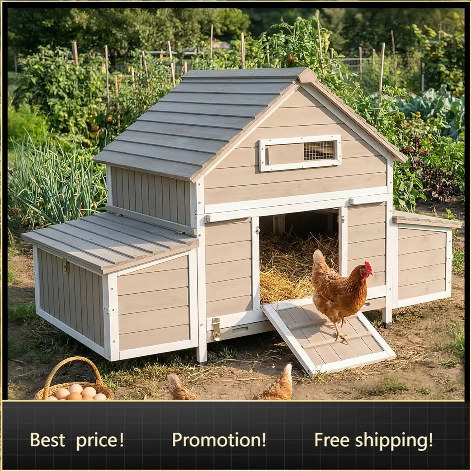 

Large Chicken Coop Chicken House Outdoor with 6 Nesting Boxes & Pull-Out Tray for 4-6 Chickens, Wooden Backyard Hen House Poultr