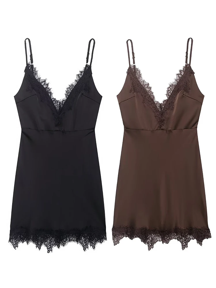 HH Elegante Satijnen Kanten Sling Jurken Lente Zomer Vrouwen Sexy Diepe V-hals Mouwloos Backless Slim Party Splicing Jurken