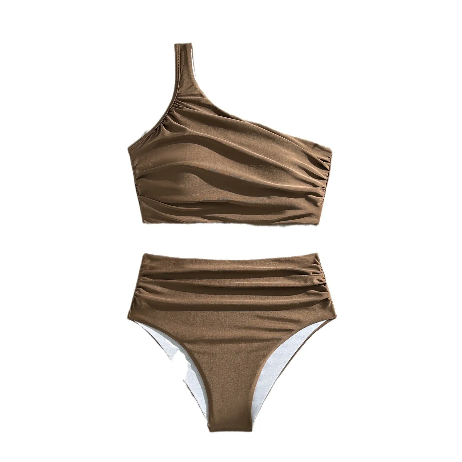 Woman Bikini Sets One Shoulder High Waist Ruched White Bikinis Women's Two-piece Solid Swimwear Brown Two Piece Swimsuit