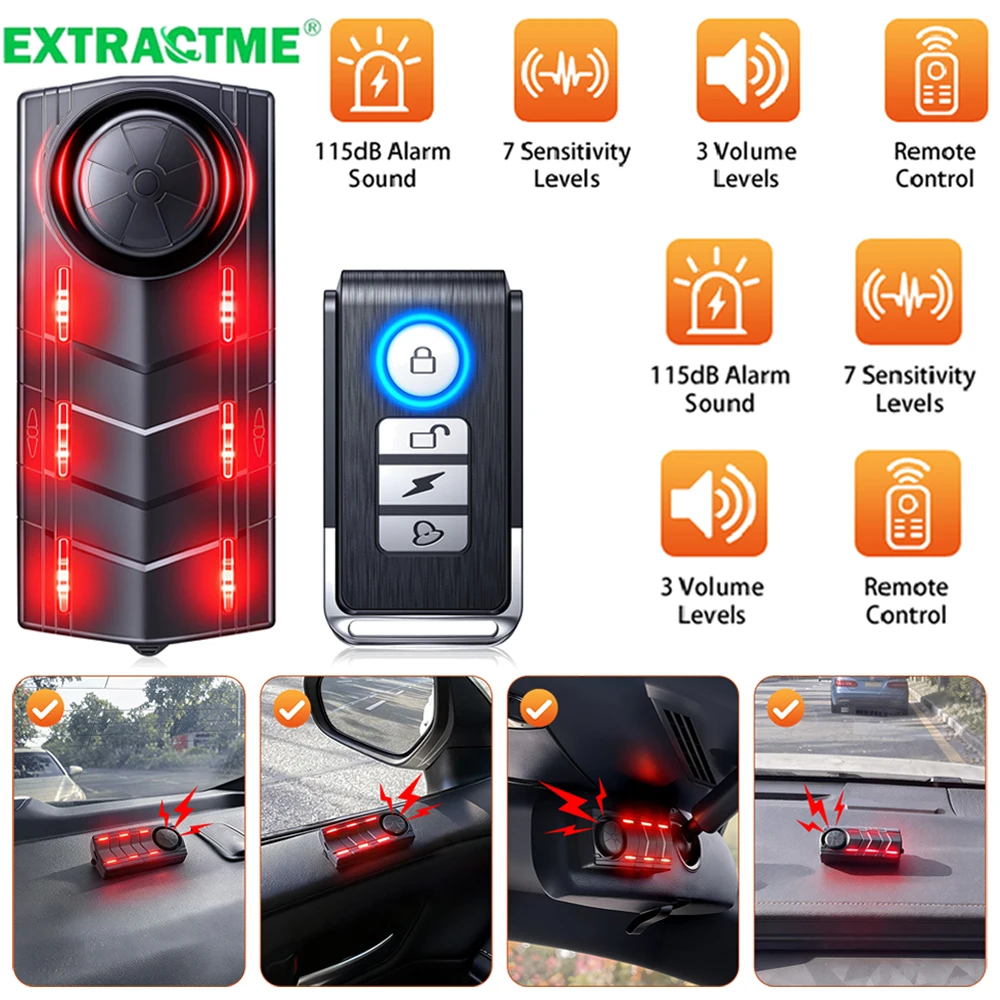 115dB Car Vibration Alarm System With Remote Control USB‑C Rechargeable Anti‑Theft Security Alarm for Auto SUV Truck Motorcycle