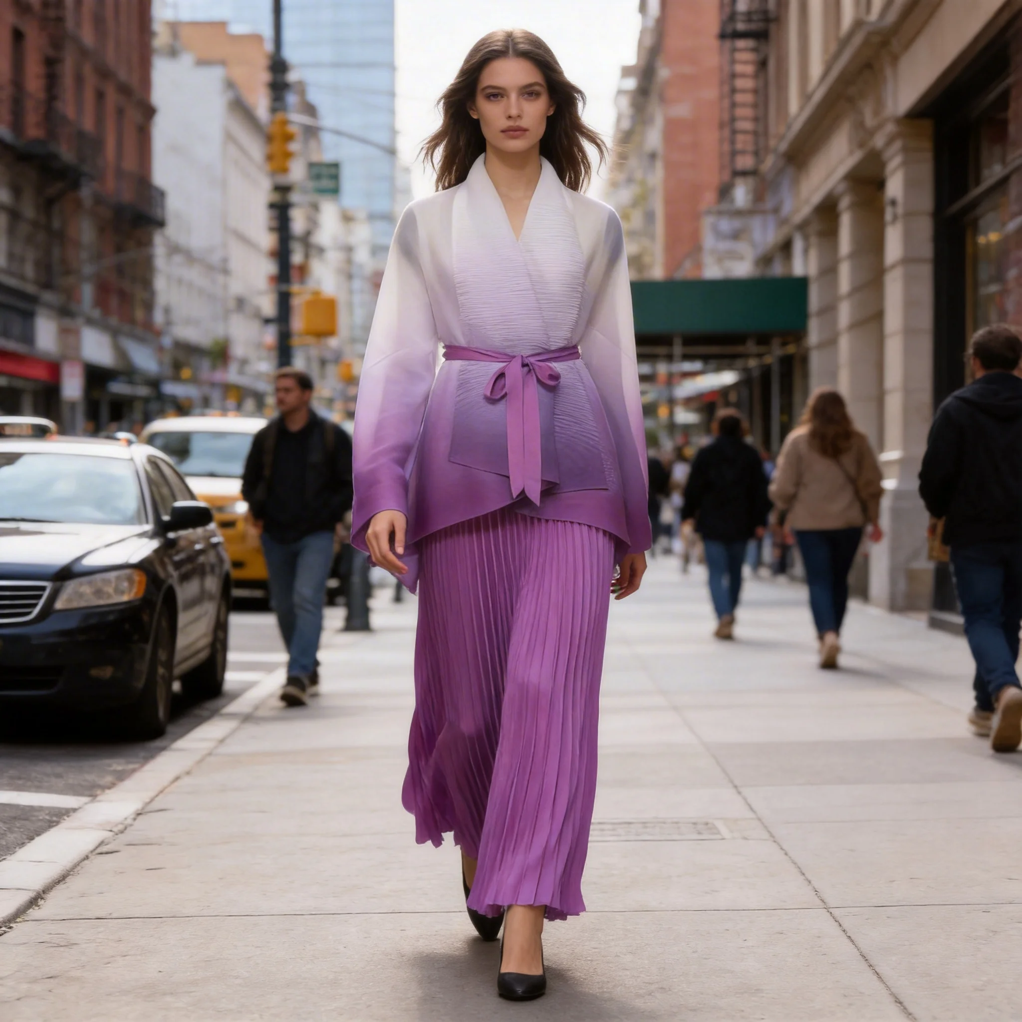 Miyake Gradient Pleated Fashion 2-Piece Set Women\'s Irregular Belt Bat Sleeve Top A-Line Long Skirt Elegant Party New Set