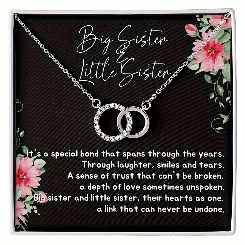 Sisters necklace, double ring zircon necklace, birthday gift for sisters, necklace + gift box + card