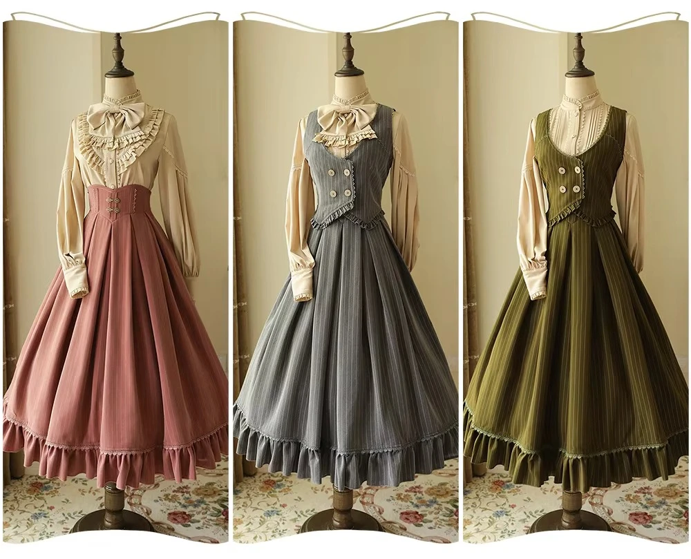 Spring Autumn Striped Vest Stand Collar Bow Shirt&Long Skirt Set,Cla Style Lolita Outfit for Women Harajuku Tea Party Daily Wear