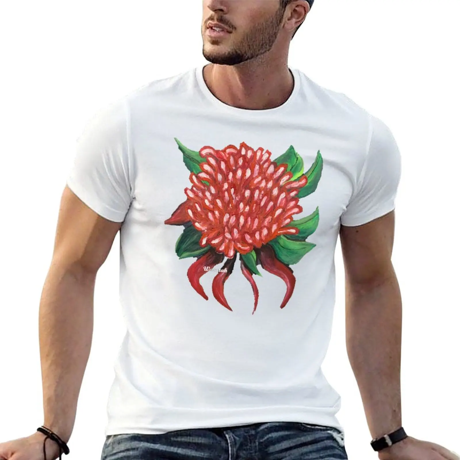 Australian Native Waratah Flower T-Shirt Basic Lightweight Short Sleeve Tee