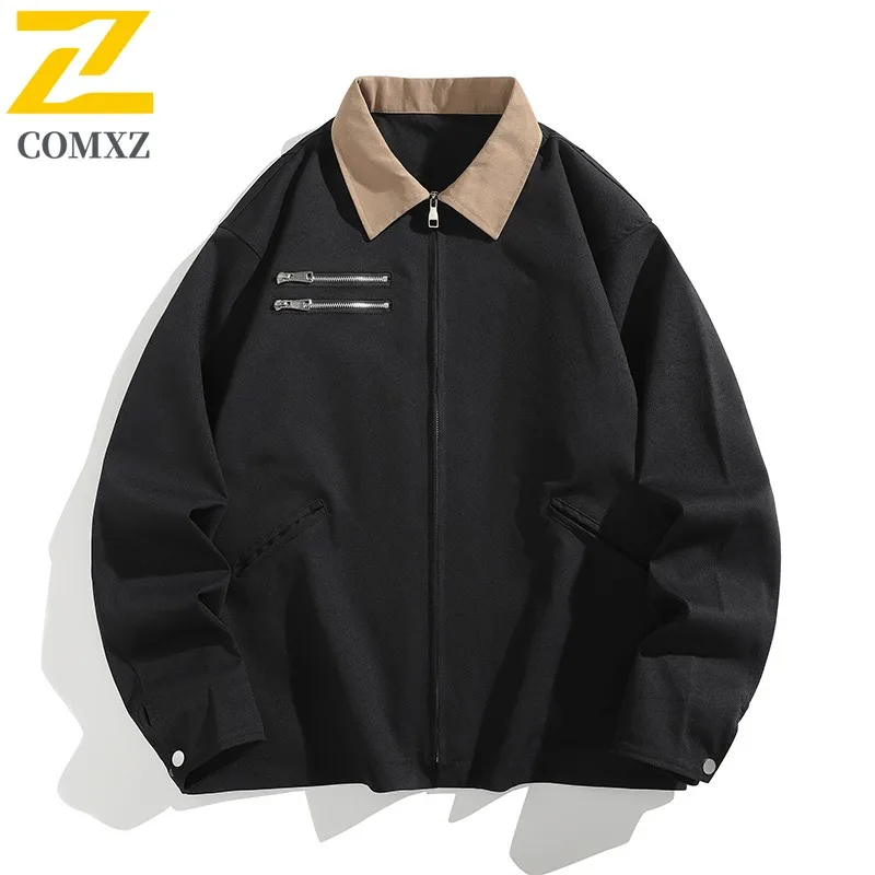 COMXZ 2025 Mens Japanese Vintage Workwear Jacket Zip Detail Casual Coat