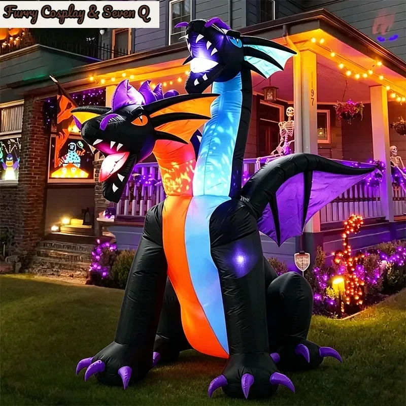 2.1m Halloween Inflatable Double Headed Dragon LED Light Up Outdoor Yard Lawn Garden Decoration Air Blow Up Prop Ornament