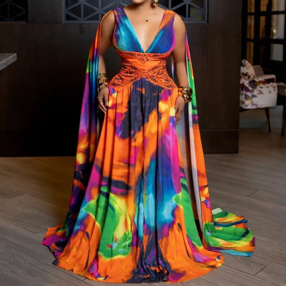 

HLJ Fashion Rhinestone Patchwork Dresses Women Color Block Deep V-neck Long Sleeve Dress Female Streetwear Vestidos 2025 New